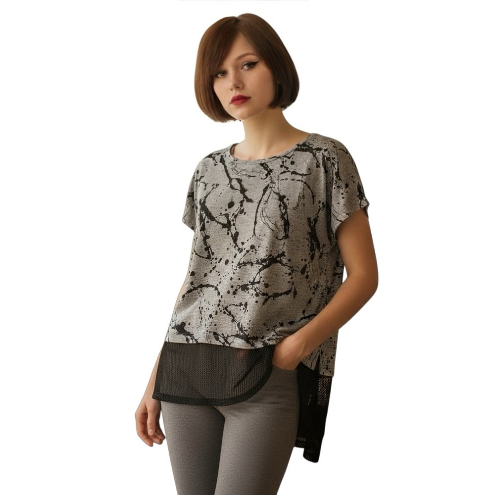 DKNY Jeans XL Gray Black Paint Splatter Mesh Top 80’s Vintage R $48